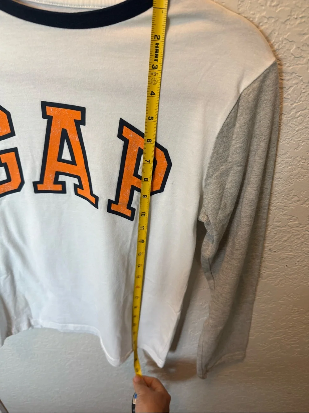 GAP White Long-Sleeve Logo Tee with Gray Sleeves and Orange Letters